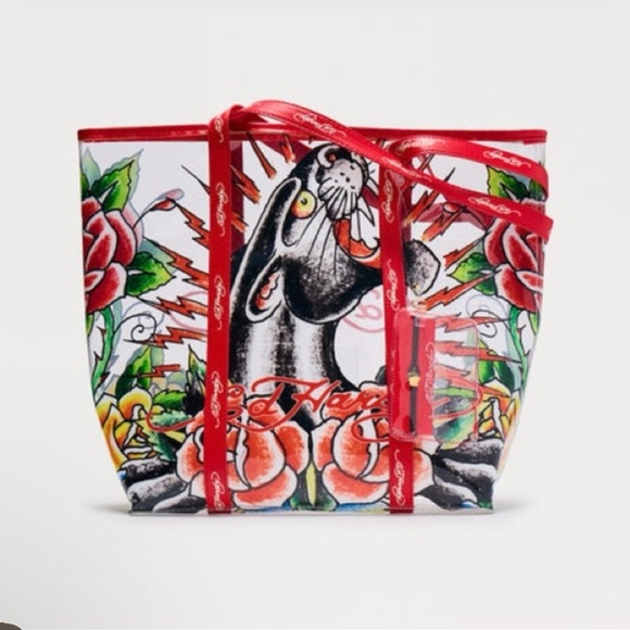Ed Hardy Handbags - Ed Hardy Transpaent Red/black Floral Panther Tote Bag & Card Holder, LG, NWOT